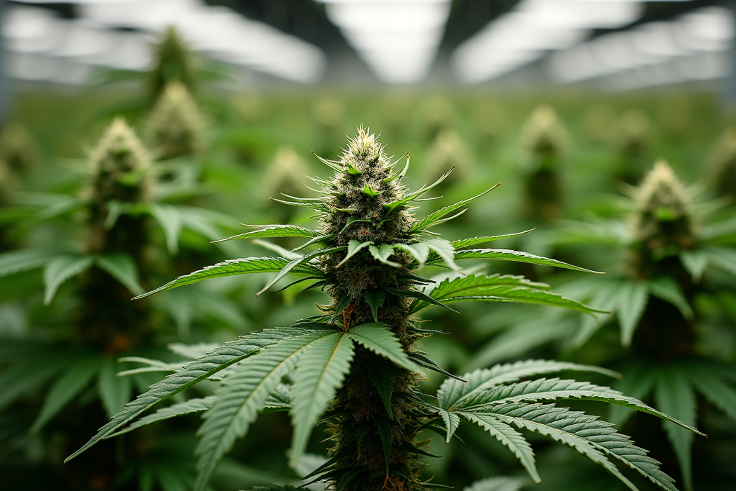 Cannabispflanzen in der Blütephase in einer professionellen Indoor-Anlage mit kontrollierter Beleuchtung und Klimaeinstellungen