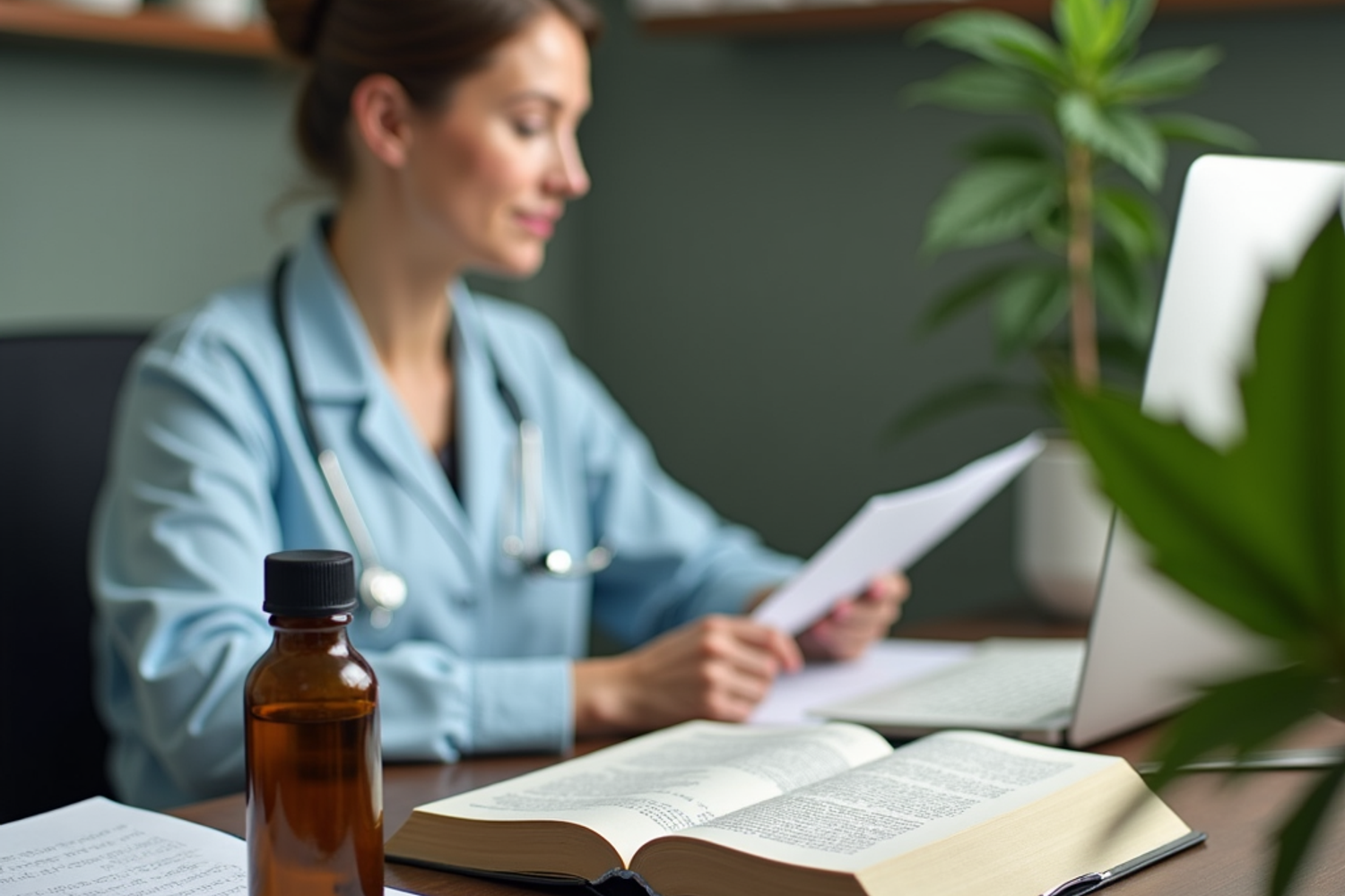 Bücher und medizinische Unterlagen zu Cannabis Therapie auf einem Schreibtisch in einer Schweizer Arztpraxis