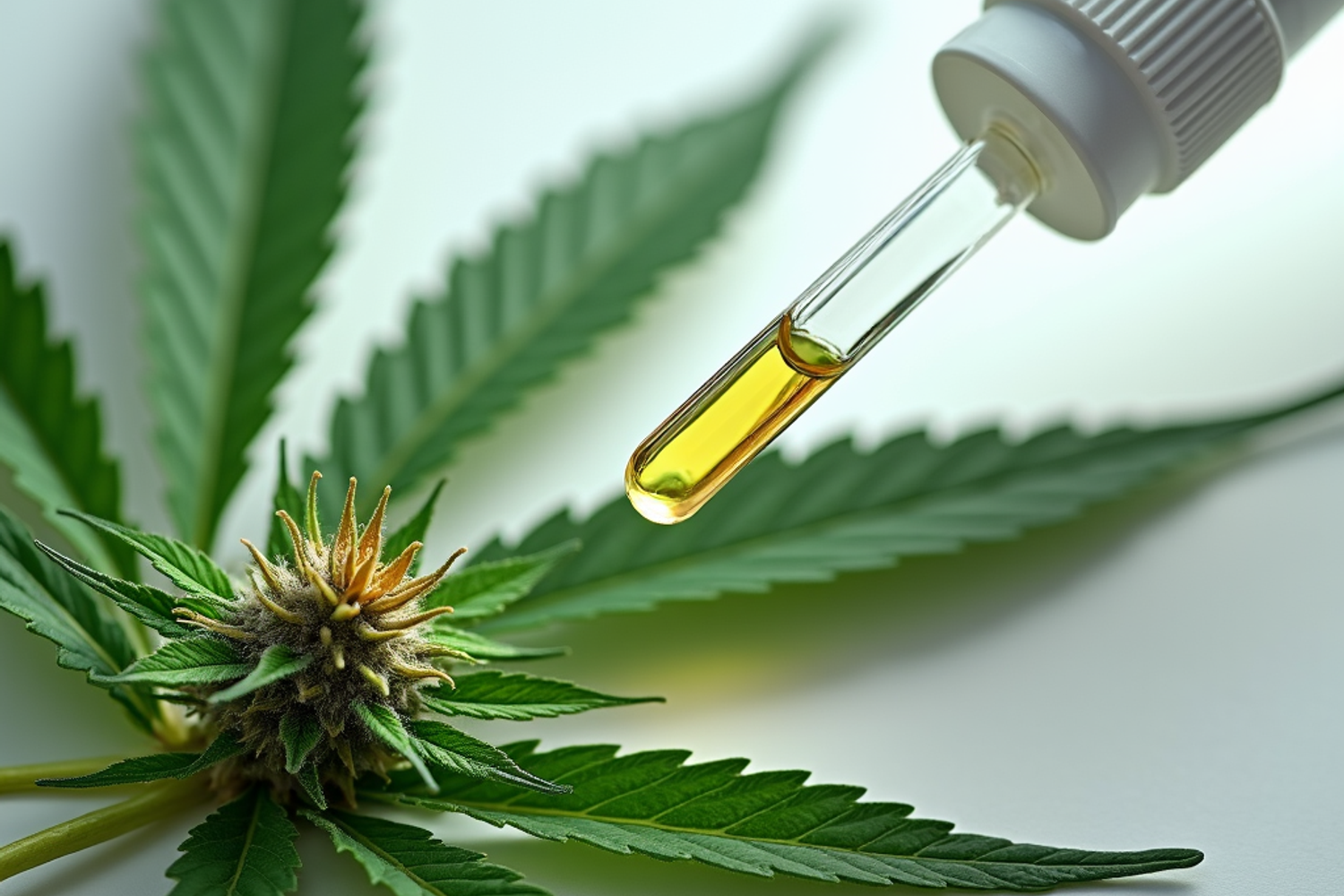 Fotorealistische Aufnahme von medizinischem Cannabis und Extrakten in einer Laborumgebung mit Fokus auf chemische Aspekte