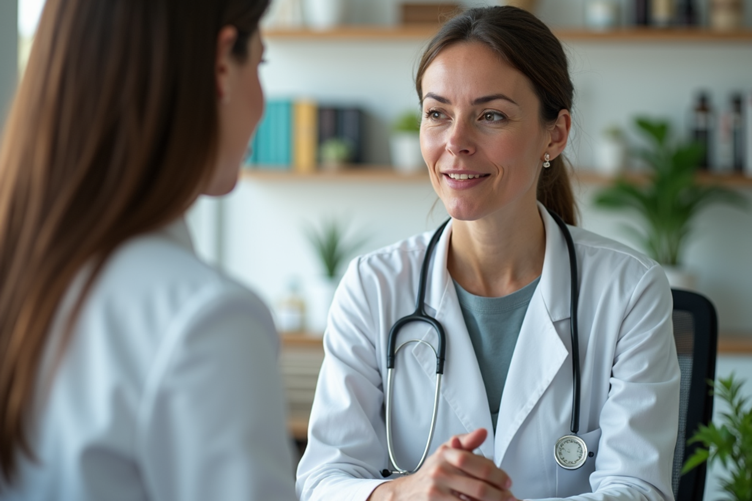 Schweizer Ärztin erklärt einem erwachsenen Patienten in einer Praxis die medizinische Nutzung von Cannabis