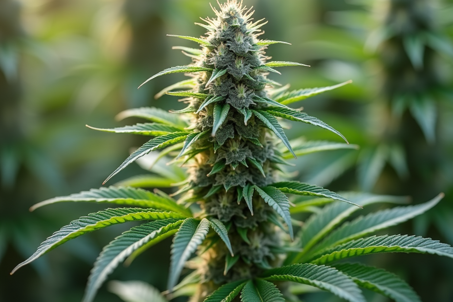 Medizinische Cannabisblueten in einer professionellen Indoor-Anlage kurz vor der Ernte mit sichtbaren Trichomen