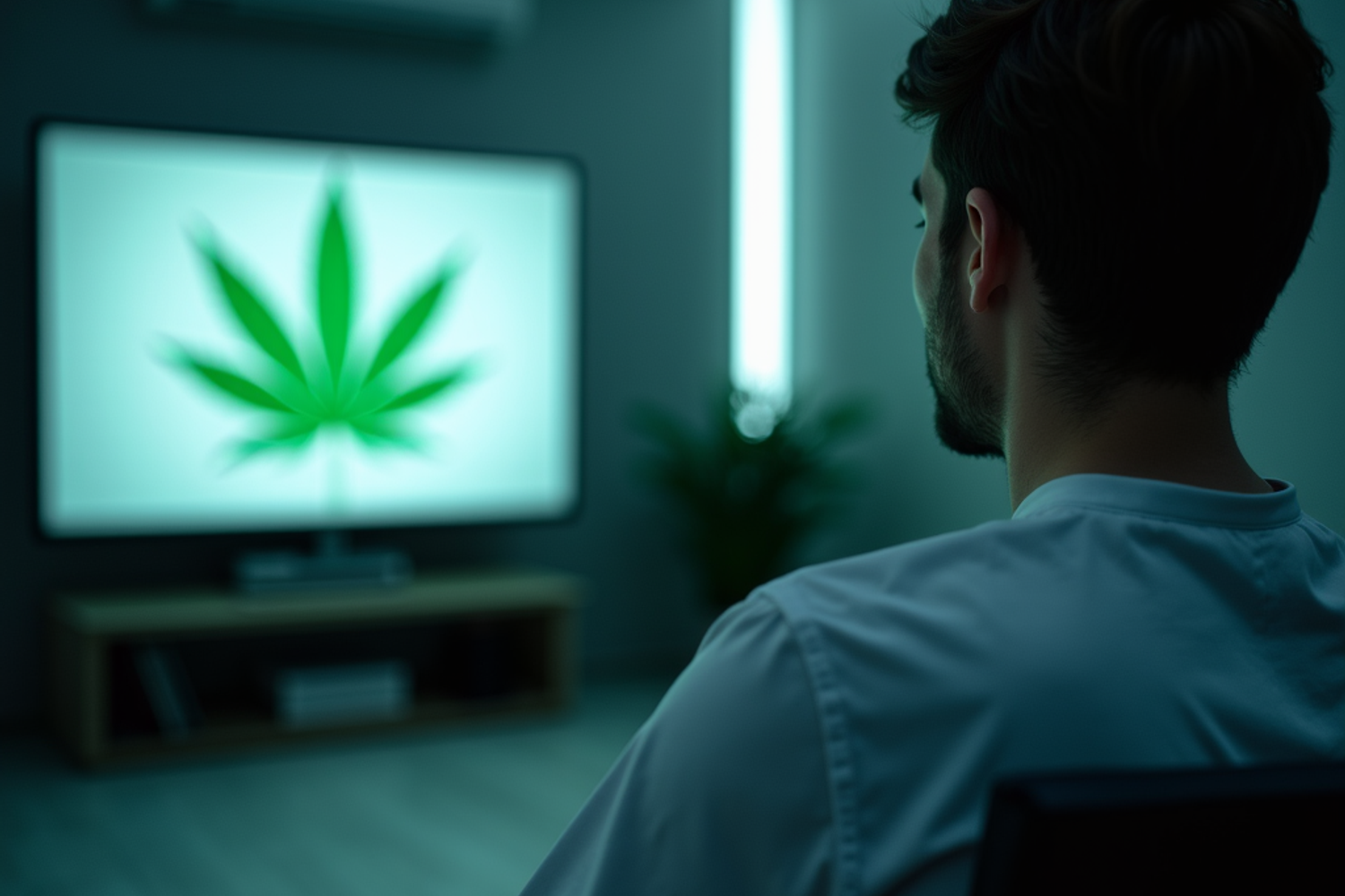 Monitor mit sachlicher Darstellung von Cannabis in einer ruhigen Umgebung, der symbolisch den Vergleich von Filmen und medizinischen Informationen zu Cannabis zeigt
