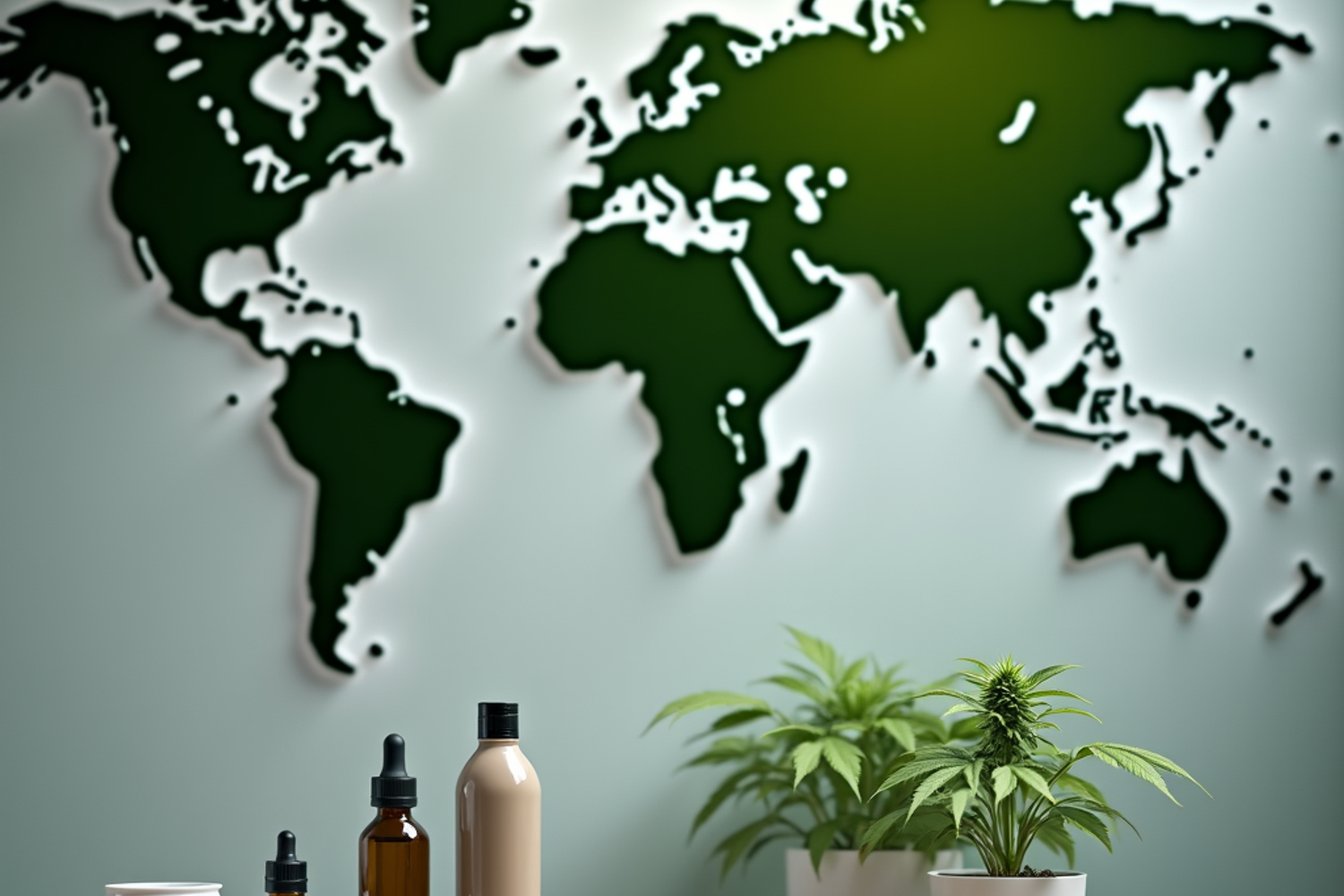 Medizinische Cannabisprodukte vor einer stilisierten Weltkarte als Symbol für den internationalen gesellschaftlichen Vergleich