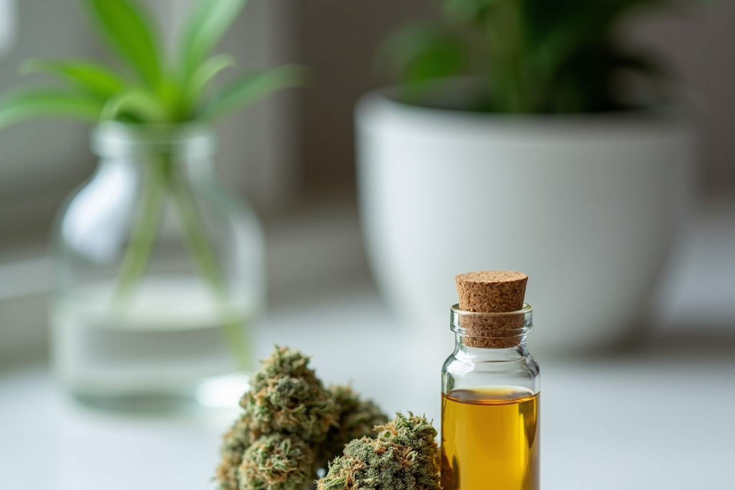 Medizinischer Arbeitsplatz in der Schweiz mit Cannabisblüten und Ölflasche zur Veranschaulichung von Cannabis Grundwissen