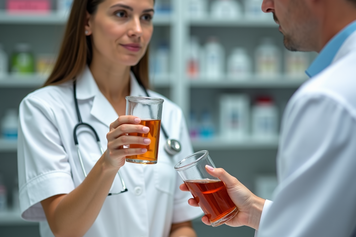 Medizinisches Cannabis in einer Schweizer Apotheke im Vergleich zu alkoholischen Produkten auf einem Beratungstisch