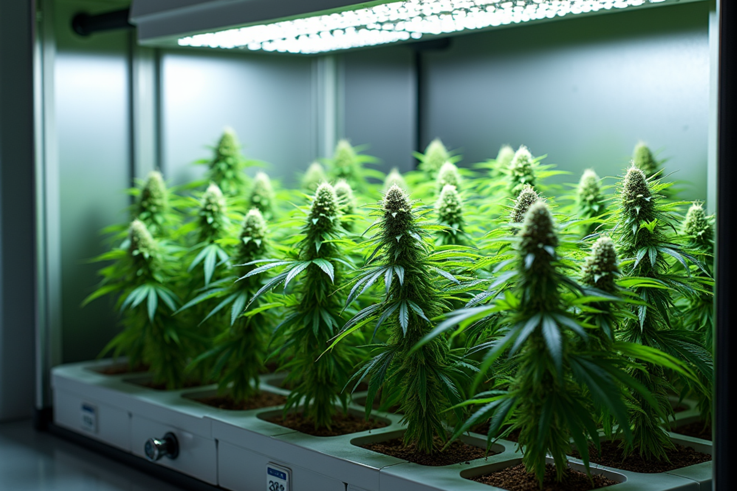 Professionelle Indoor-Anlage mit Cannabispflanzen, LED-Beleuchtung und Messgeräten in kontrollierter Umgebung