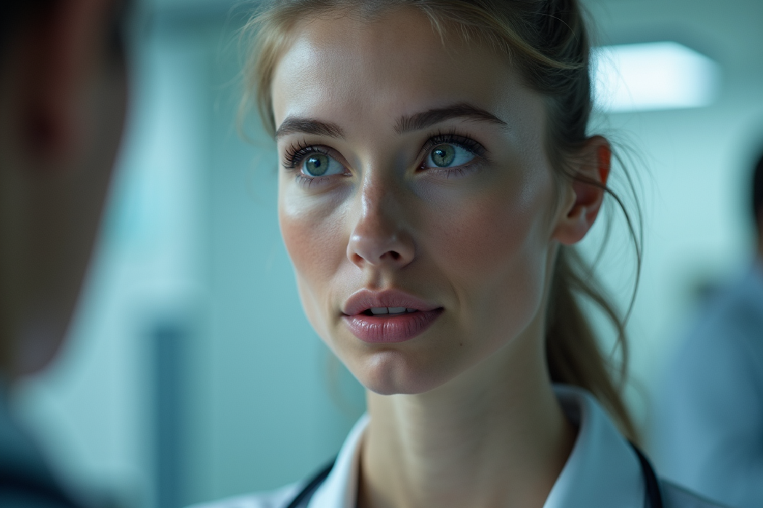 Erwachsene Person haelt in einer neutralen Umgebung ein Glas mit Cannabisblueten und wirkt nachdenklich