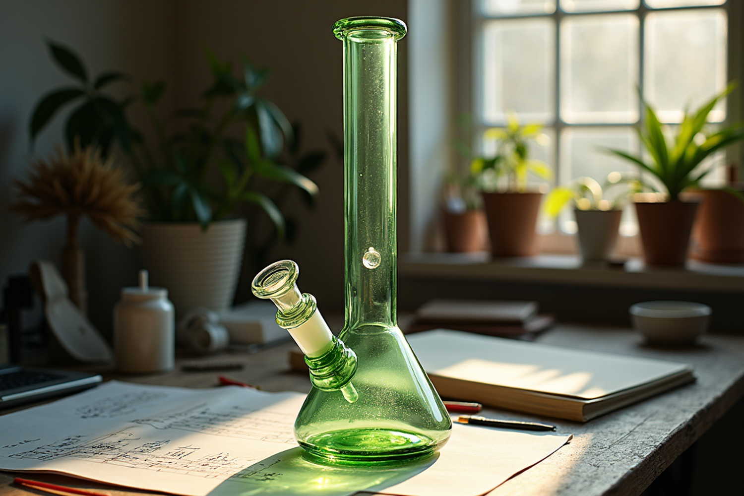 Glasbong und kreative Arbeitsmaterialien auf einem Tisch in einem Atelier mit Bezug zu Cannabis, Kunst und Kultur