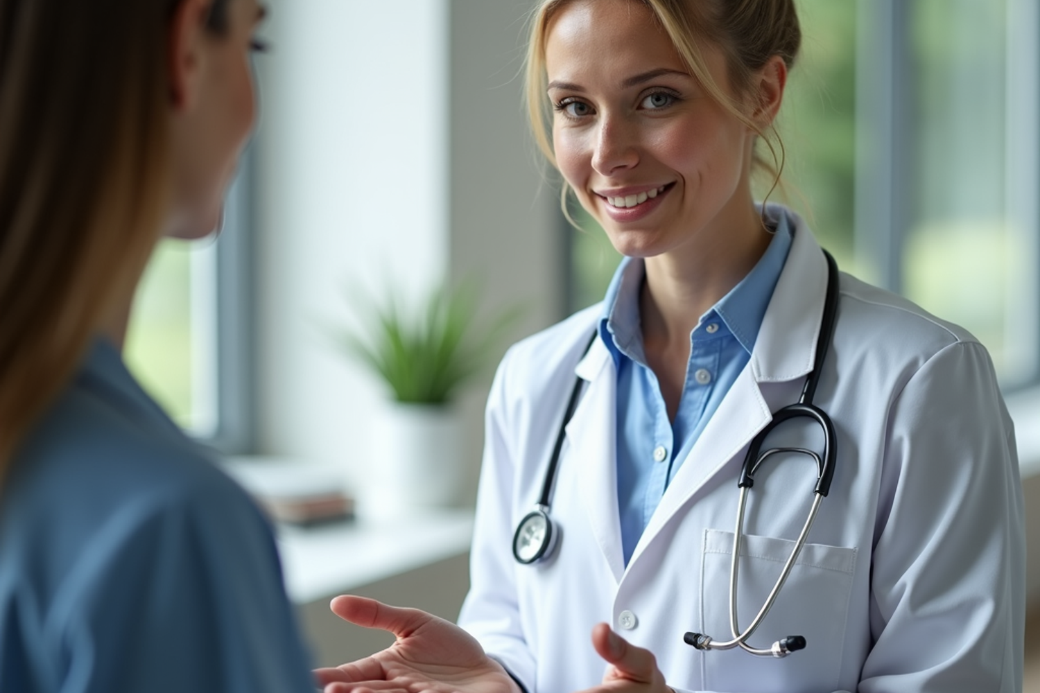 Medizinische Fachperson in der Schweiz erklärt einer Patientin sachlich die Fakten zu Cannabis und verbreiteten Mythen