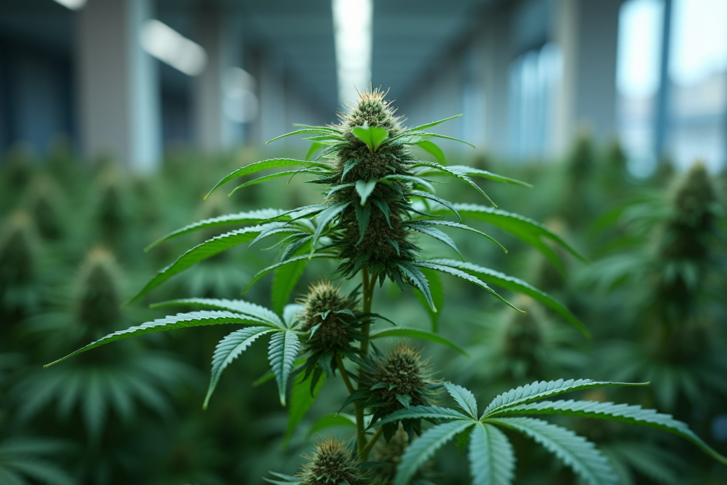 Medizinisches Cannabis in einer Glasflasche mit getrockneten Blüten auf einem hellen Untergrund