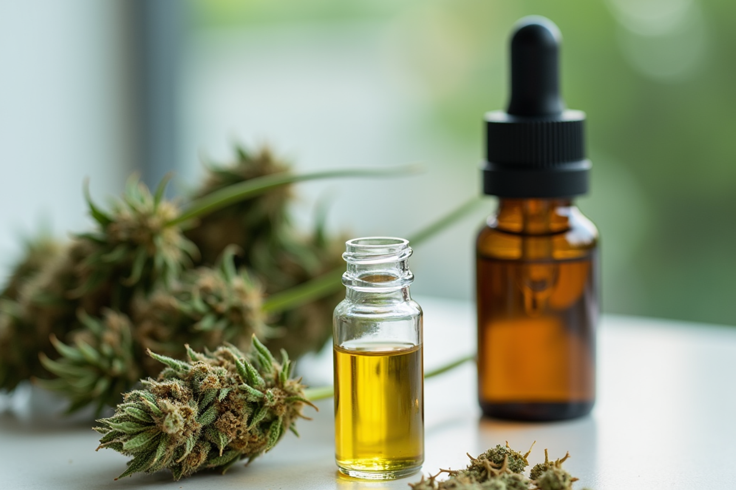 Standardisierte Flaschen mit medizinischem Cannabis und getrocknete Cannabisblüten auf einem weissen Tisch in einer Schweizer Arztpraxis