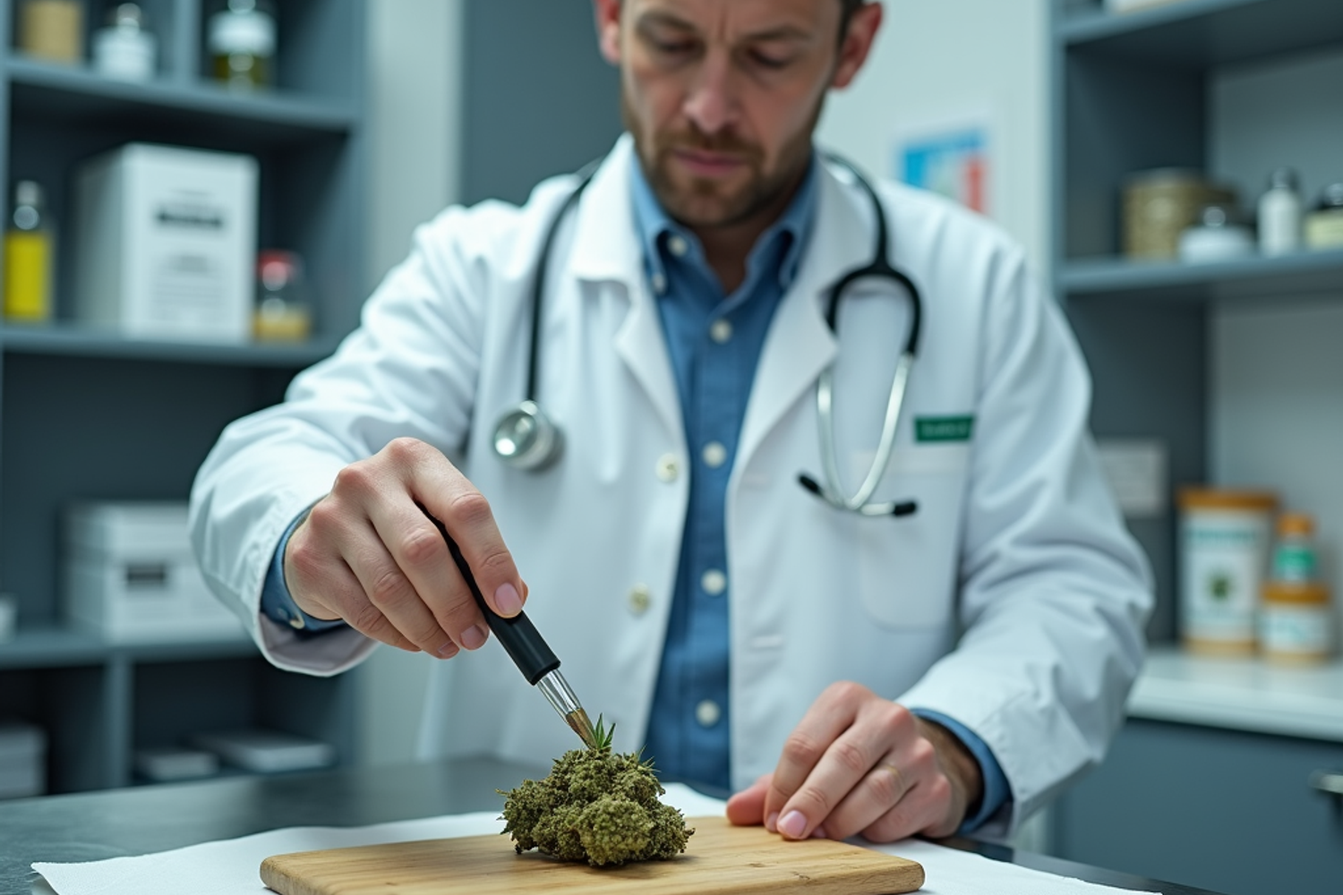 Messinstrumente und medizinisches Cannabis in neutraler Verpackung auf einem Schreibtisch in einer Schweizer Arztpraxis