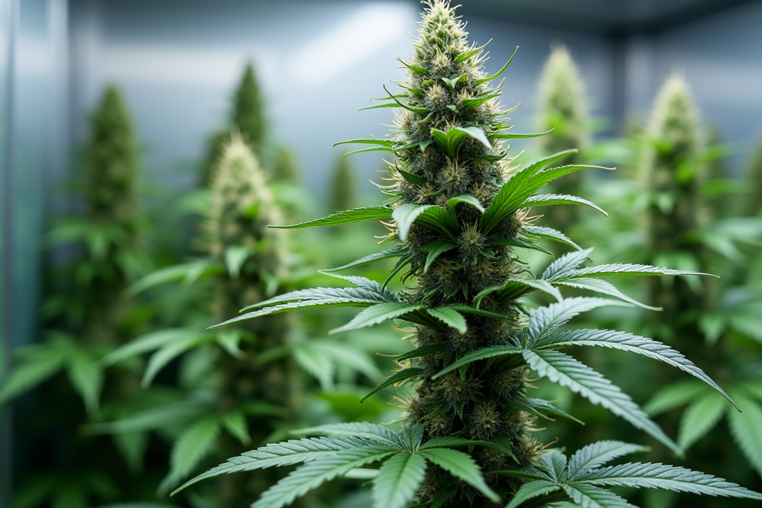 Professioneller Trocknungsraum mit haengenden medizinischen Cannabisblueten unter kontrollierten Bedingungen