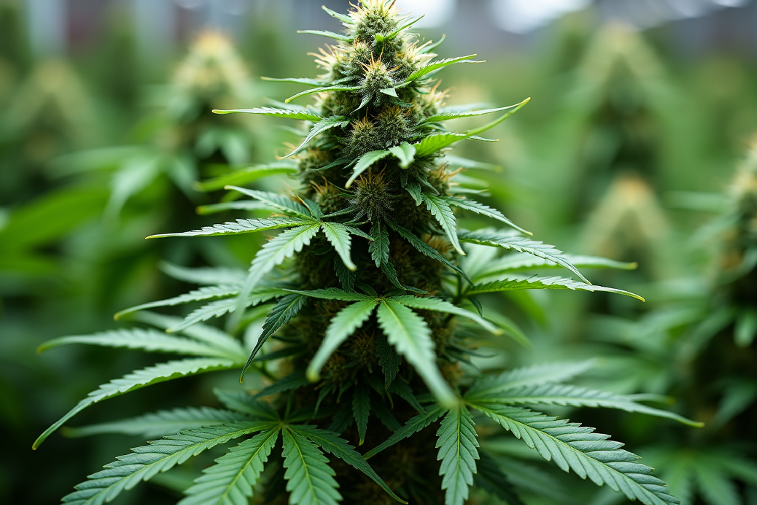 Illustration verschiedener Wachstumsphasen einer Cannabispflanze in einer kontrollierten Umgebung