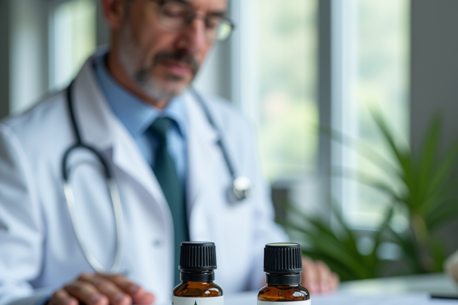 Ärztliche Fachperson in der Schweiz mit verschiedenen medizinischen Cannabisextrakten auf einem Tisch