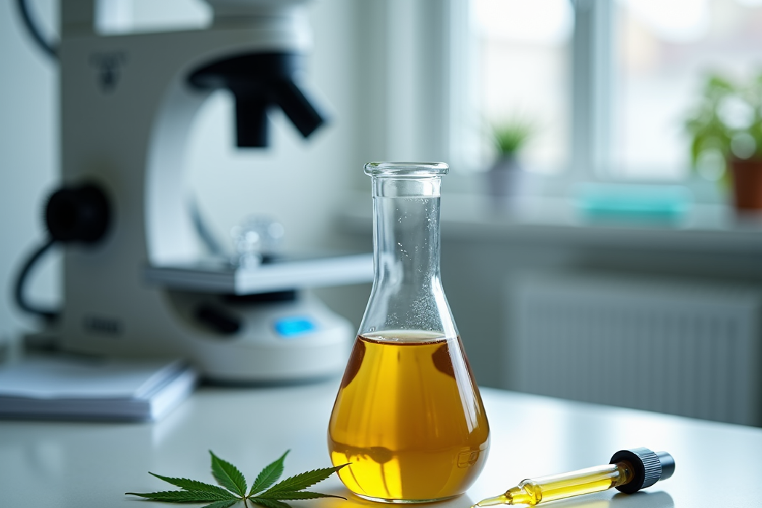 Medizinisches Cannabisöl mit Pipette auf einem weissen Tisch in einer Arztpraxis