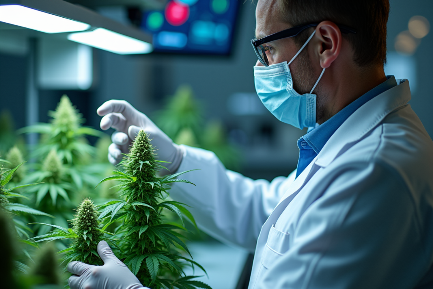 Laborumgebung mit Fachperson, die medizinisches Cannabis und Extrakte mit moderner Analytik untersucht