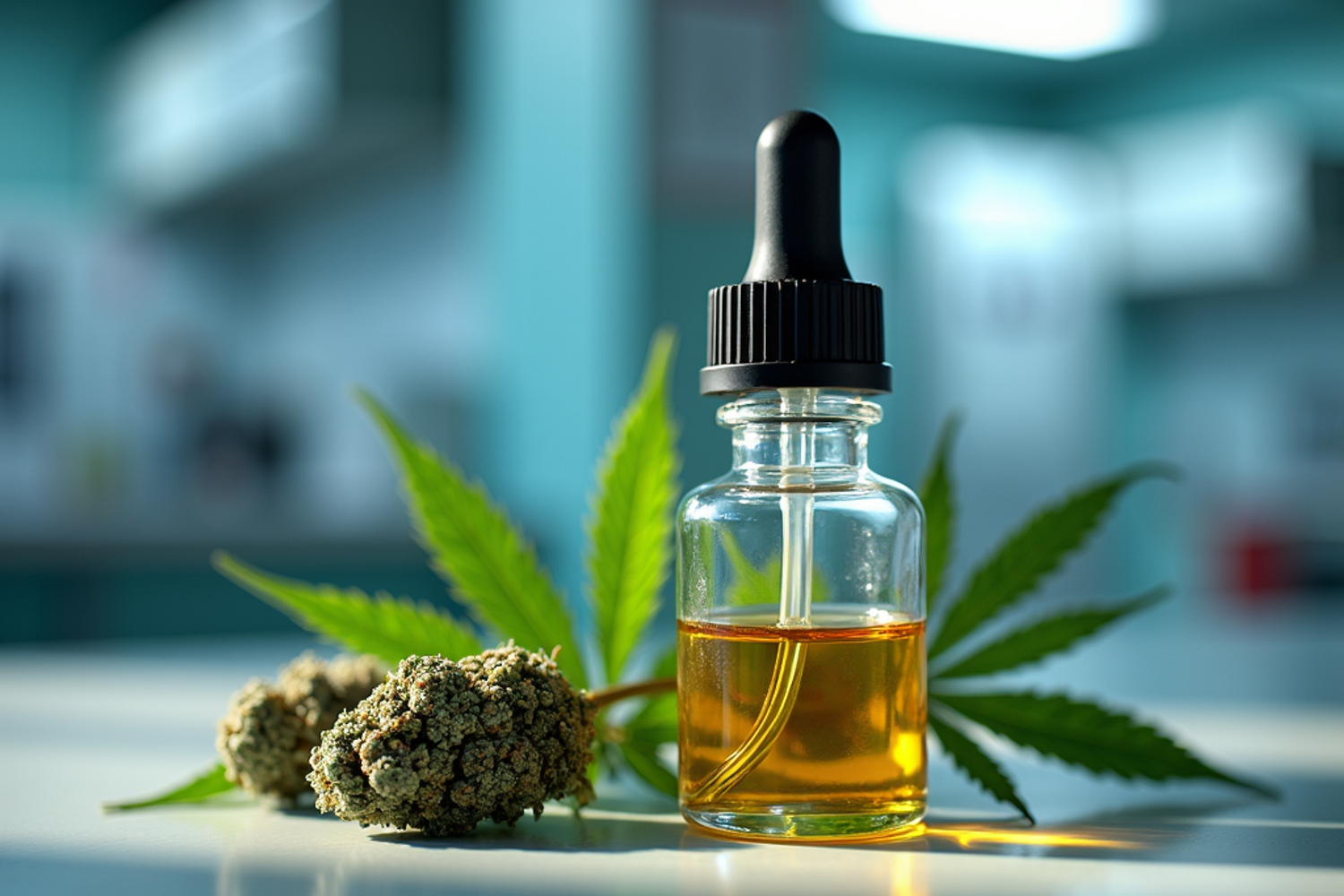 Medizinischer Cannabisextrakt und Cannabisblueten liegen neben Unterlagen zur ADHS-Diagnose in einer klinischen Umgebung