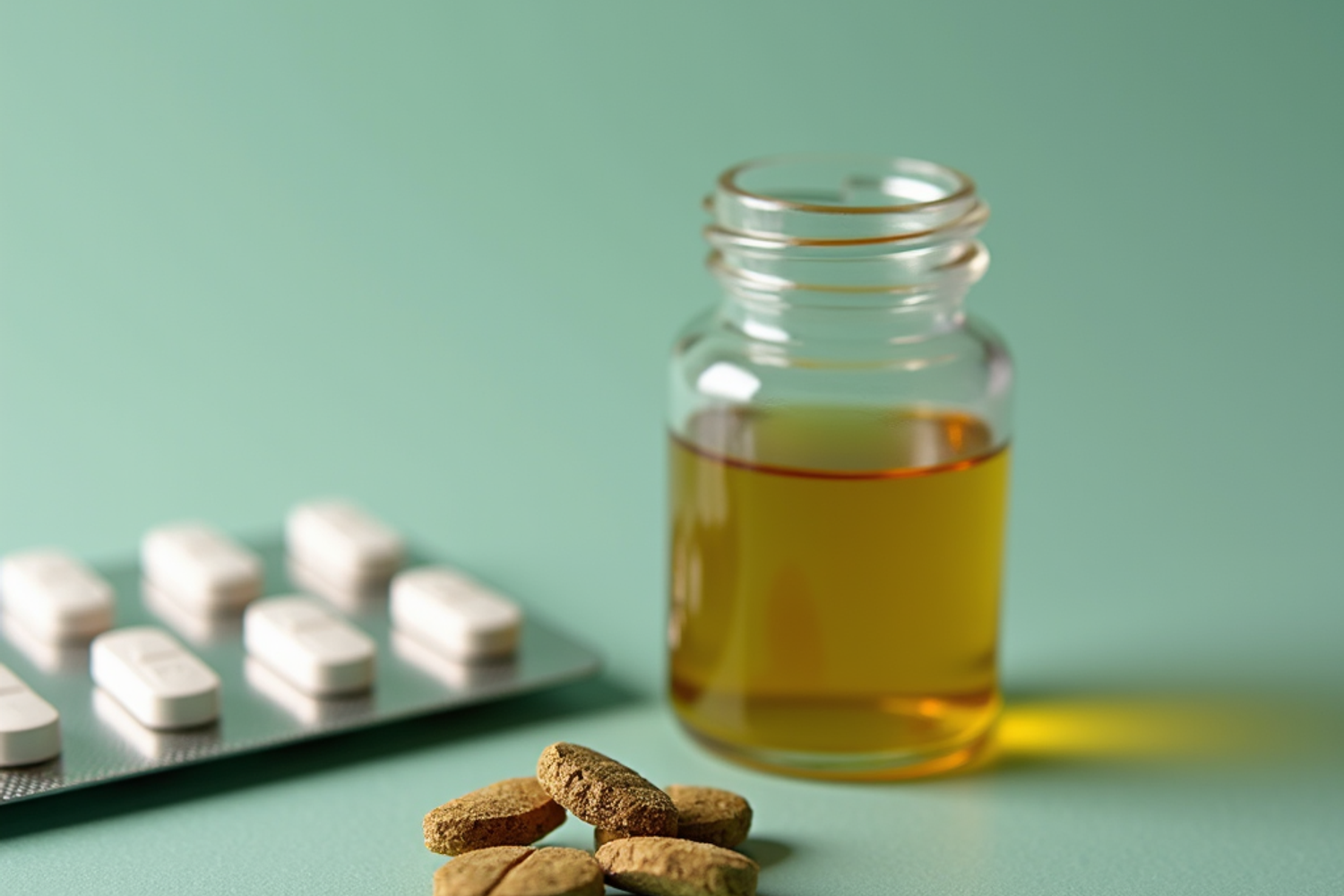 Medizinischer Cannabisextrakt in Tropfflasche neben Tabletten auf einem neutralen Untergrund