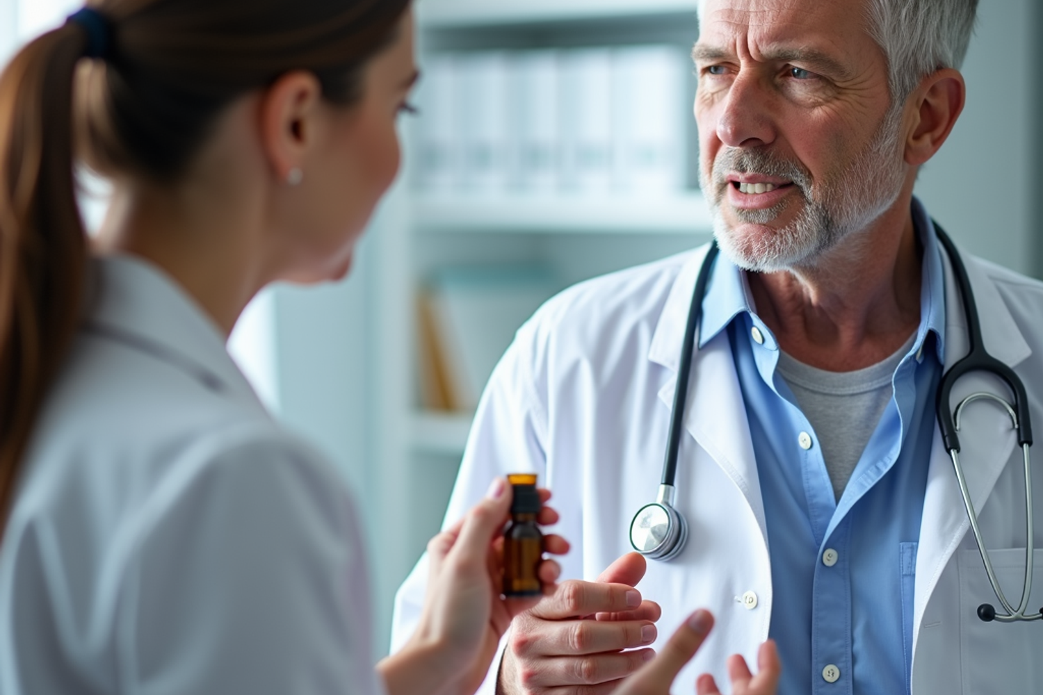 Aerztin erklaert einer Patientin in einer Schweizer Praxis die Anwendung von medizinischem Cannabis bei chronischen Schmerzen