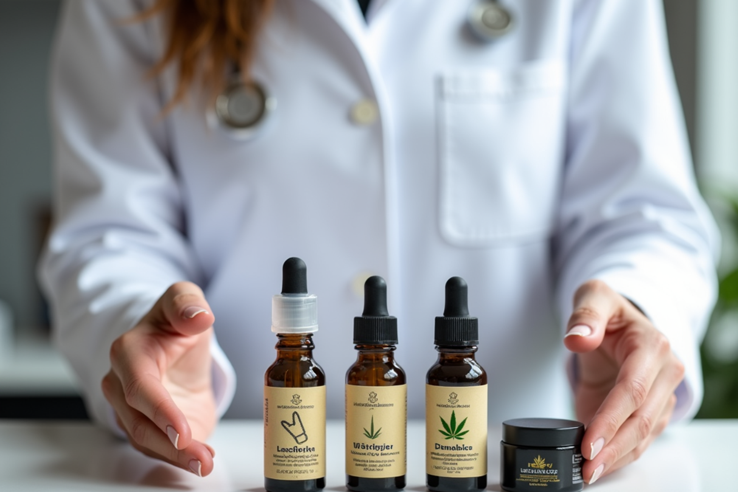 Verschiedene medizinische Cannabisprodukte wie Öl, Kapseln, Vaporizer und Creme in neutraler klinischer Umgebung auf einem Tisch angeordnet