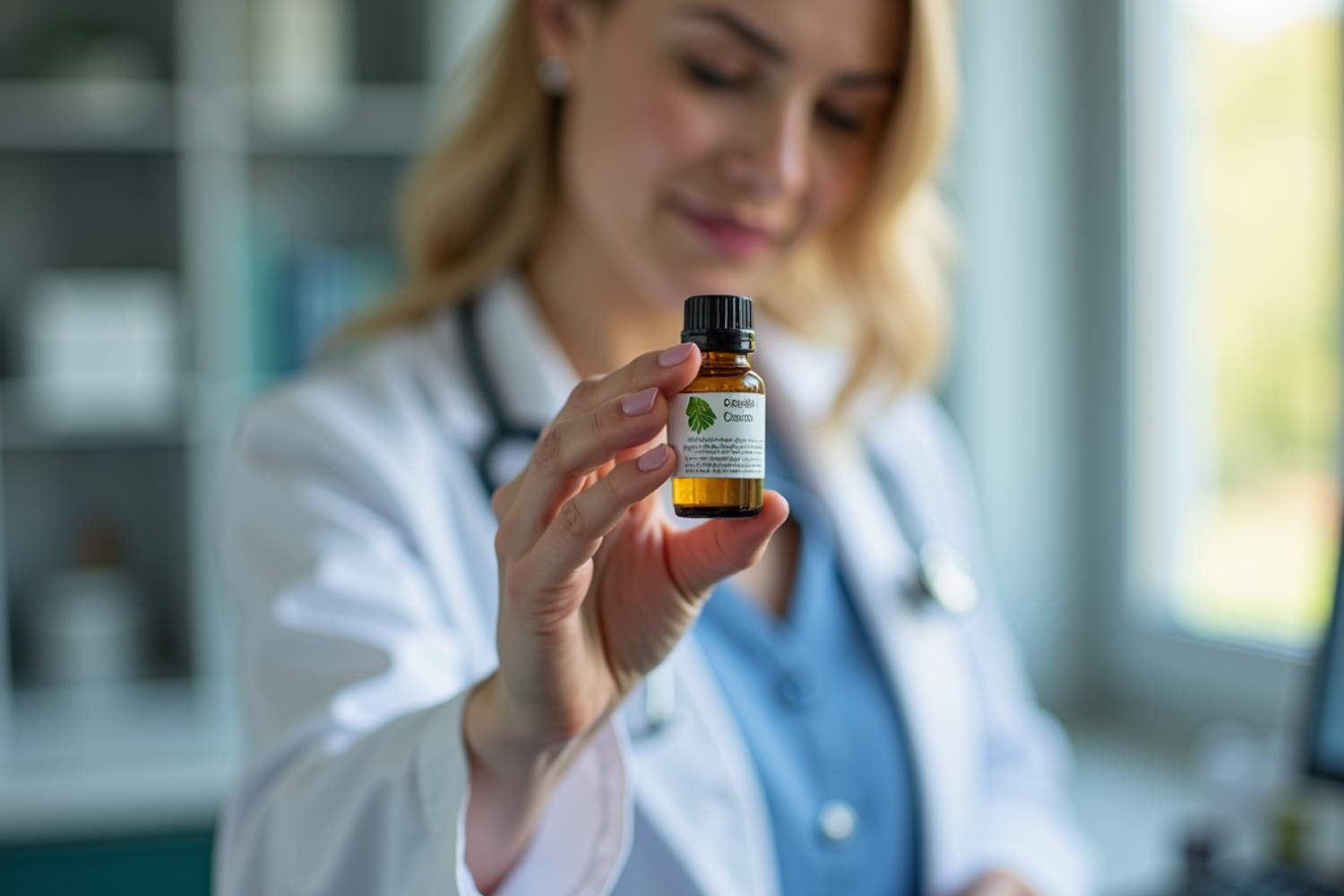 Ein medizinischer Fachmann haelt eine Flasche mit Cannabisol vor einem neutralen Hintergrund