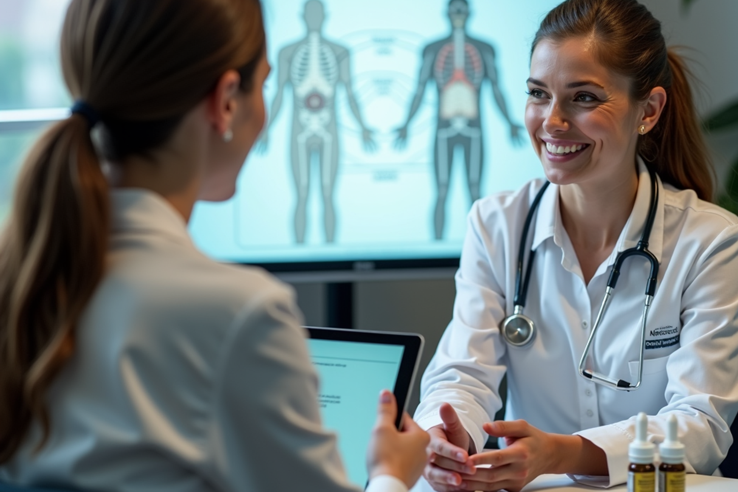 Aerztliche Beratung zu medizinischem Cannabis mit Darstellung des Endocannabinoid-Systems in einer Schweizer Praxis