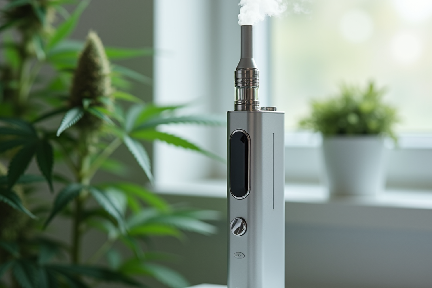 Moderner medizinischer Vaporizer mit vorbereiteten Cannabisblueten auf heller Oberflaeche