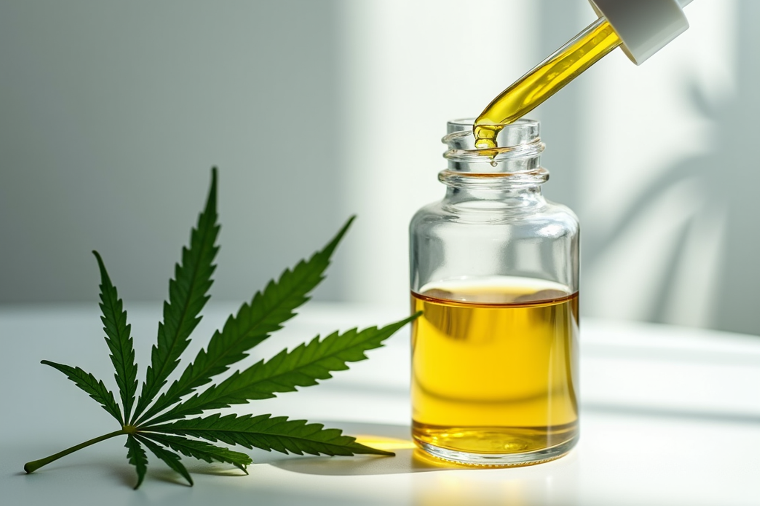 Flasche mit CBD-Öl und Pipette neben einem Cannabisblatt auf einem neutralen medizinischen Untergrund