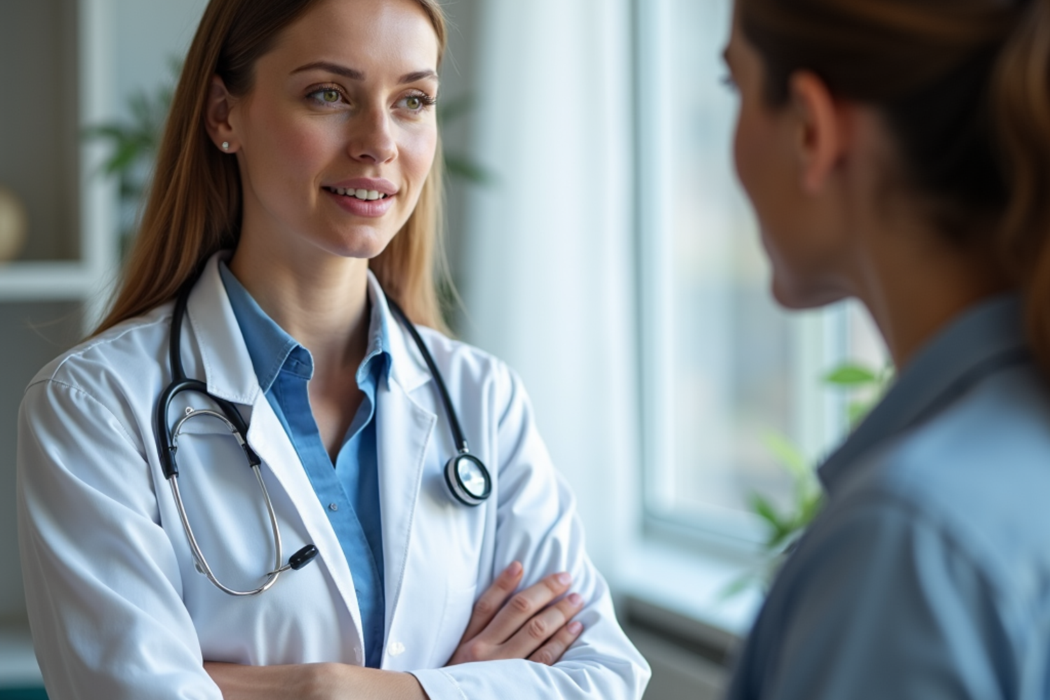 Medizinische Fachperson erklärt einer Patientin in einer Schweizer Praxis die Anwendung eines THC-haltigen Cannabisextraktes