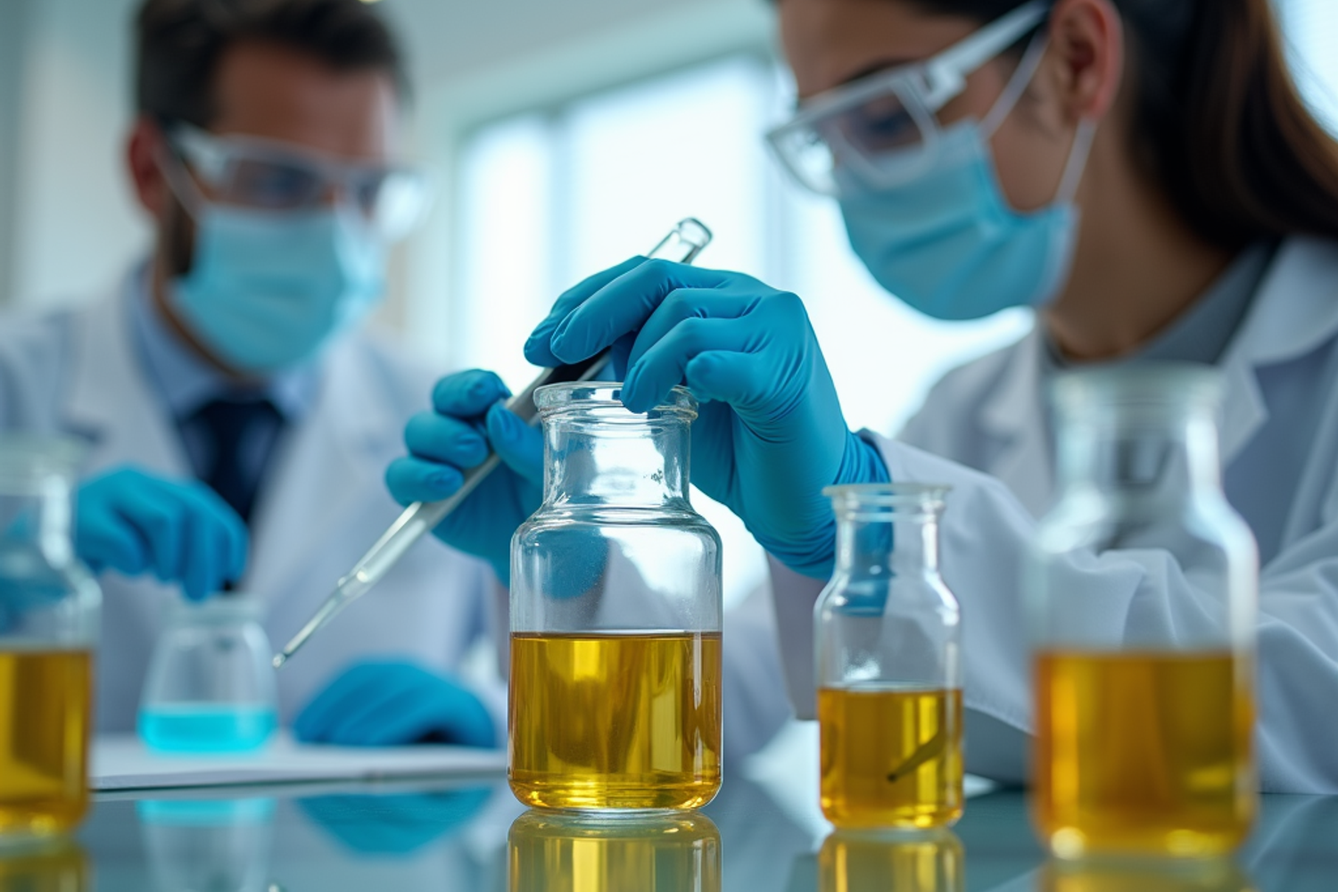 Cannabisextrakte und Laborpersonal in einer Schweizer Einrichtung, das Cannabinoide für medizinische Anwendungen untersucht